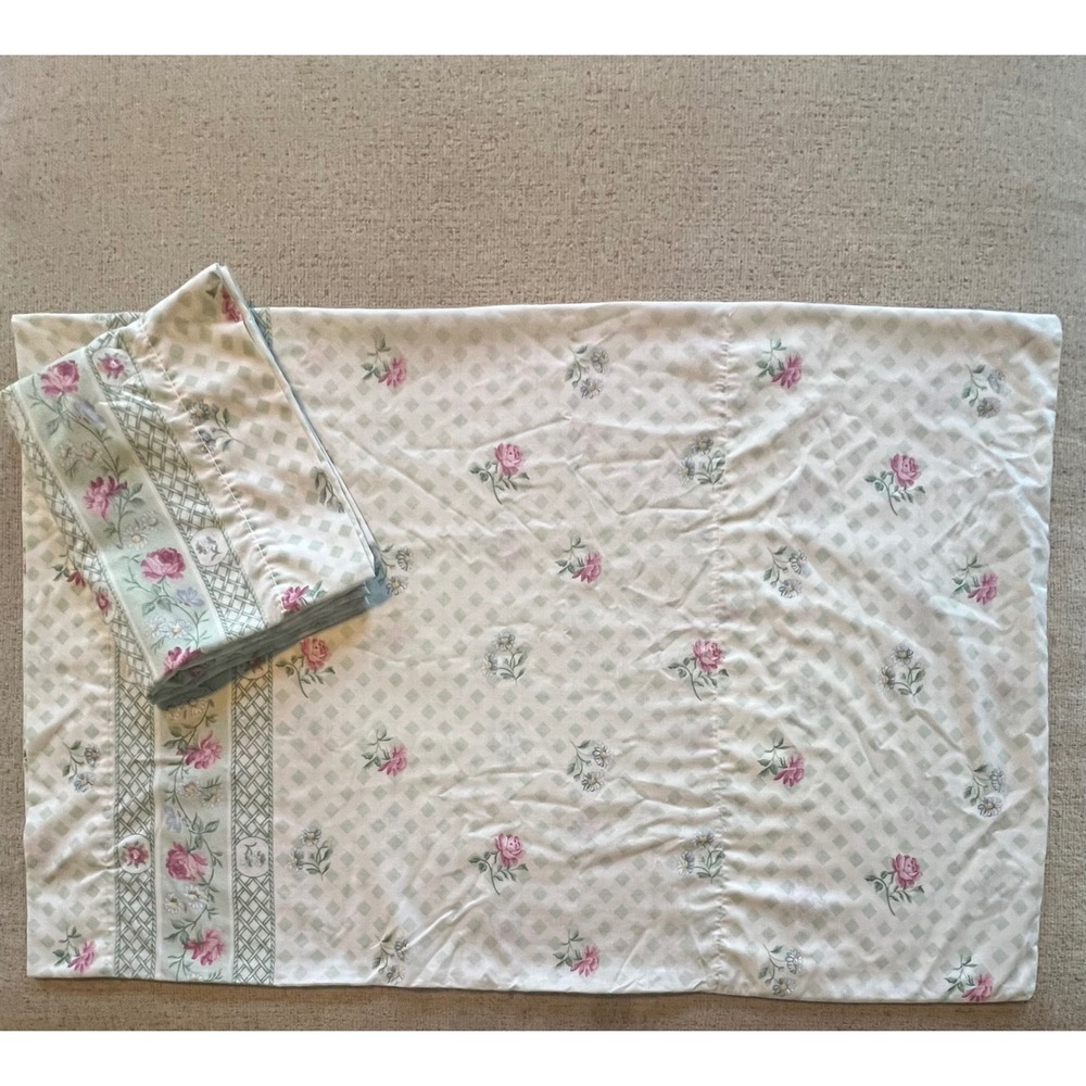 Vintage Cannon King Pillowcase Set Pink Rose Floral Green Trellis Percale USA
